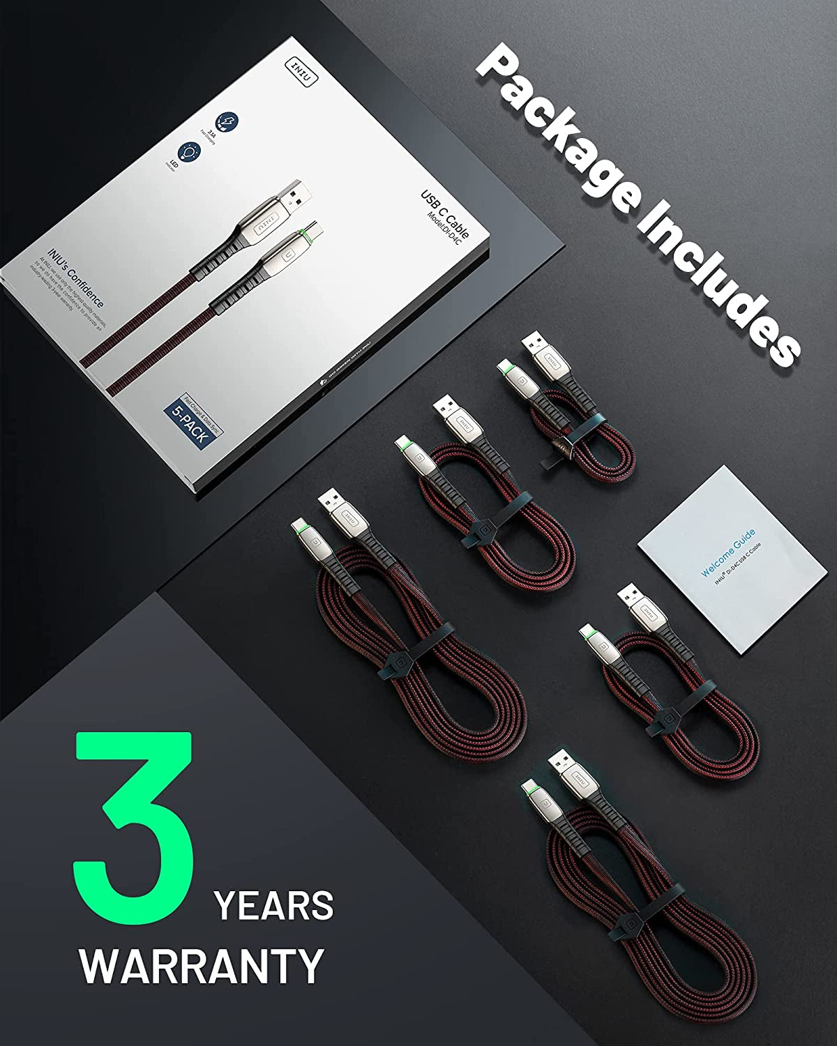 5-Pack USB Type C Cables - Fast Charging 3.1A QC3.0 - Durable Nylon, 1.6ft to 6.6ft, Compatible with Samsung Galaxy S20/S10/S9/S8, Note 10/9, LG, Google Pixel and More