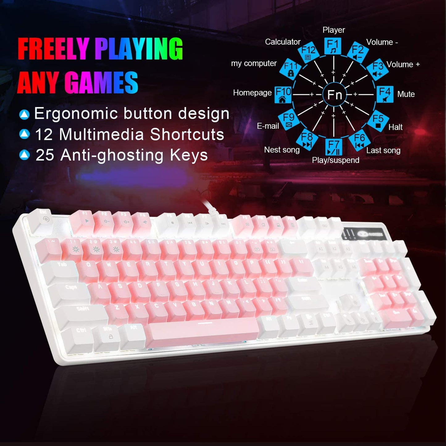 Upgrade Your Gaming Setup with the Stylish White & Pink Mechanical Gaming Keyboard - New Blue Switch Design, 104 Keys, USB Wired, Perfect for Laptops and Desktops!