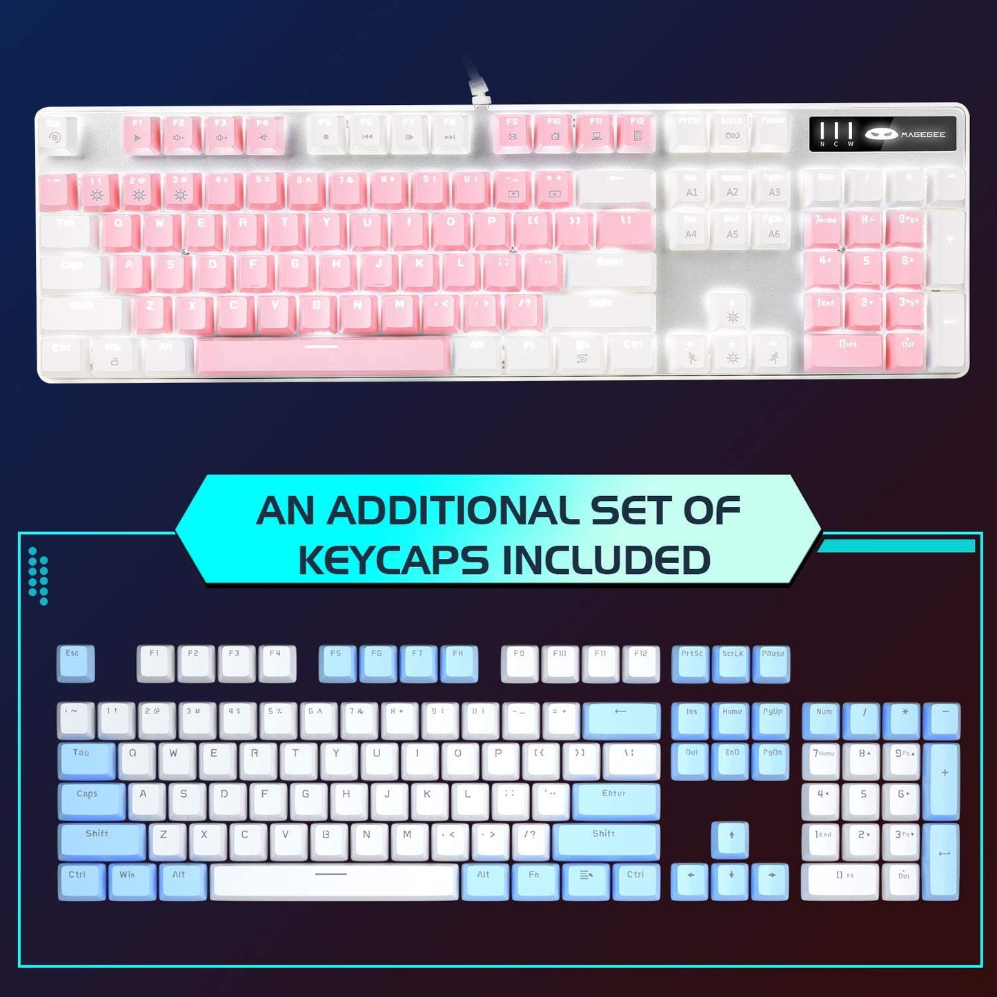 Upgrade Your Gaming Setup with the Stylish White & Pink Mechanical Gaming Keyboard - New Blue Switch Design, 104 Keys, USB Wired, Perfect for Laptops and Desktops!