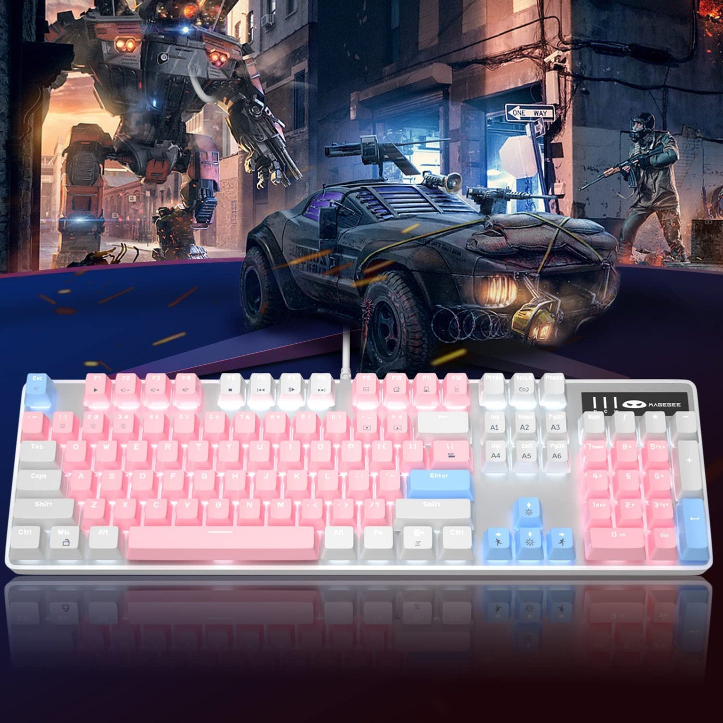 Upgrade Your Gaming Setup with the Stylish White & Pink Mechanical Gaming Keyboard - New Blue Switch Design, 104 Keys, USB Wired, Perfect for Laptops and Desktops!