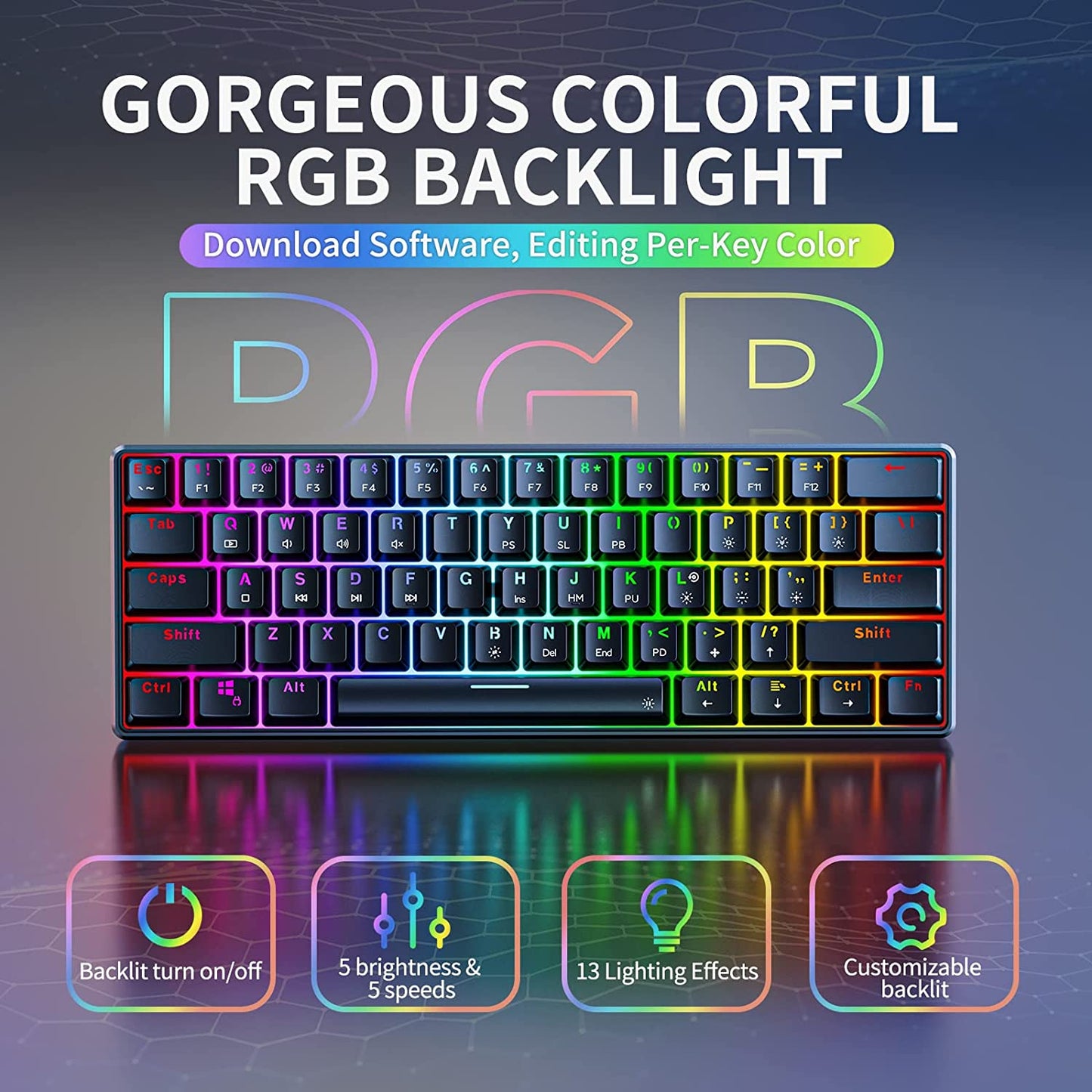Ultra-Compact TH61 60% RGB Mechanical Gaming Keyboard - Fully Programmable Wired Mini Keyboard in Black