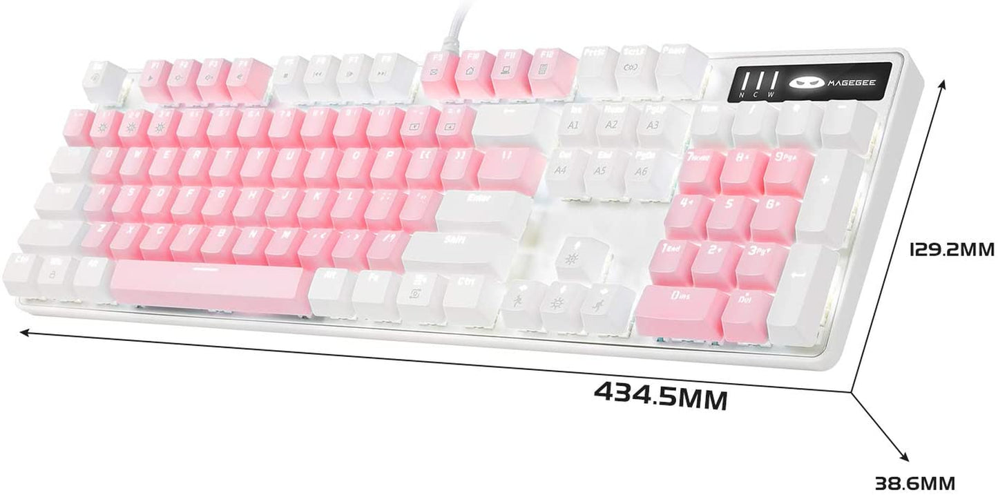 Upgrade Your Gaming Setup with the Stylish White & Pink Mechanical Gaming Keyboard - New Blue Switch Design, 104 Keys, USB Wired, Perfect for Laptops and Desktops!