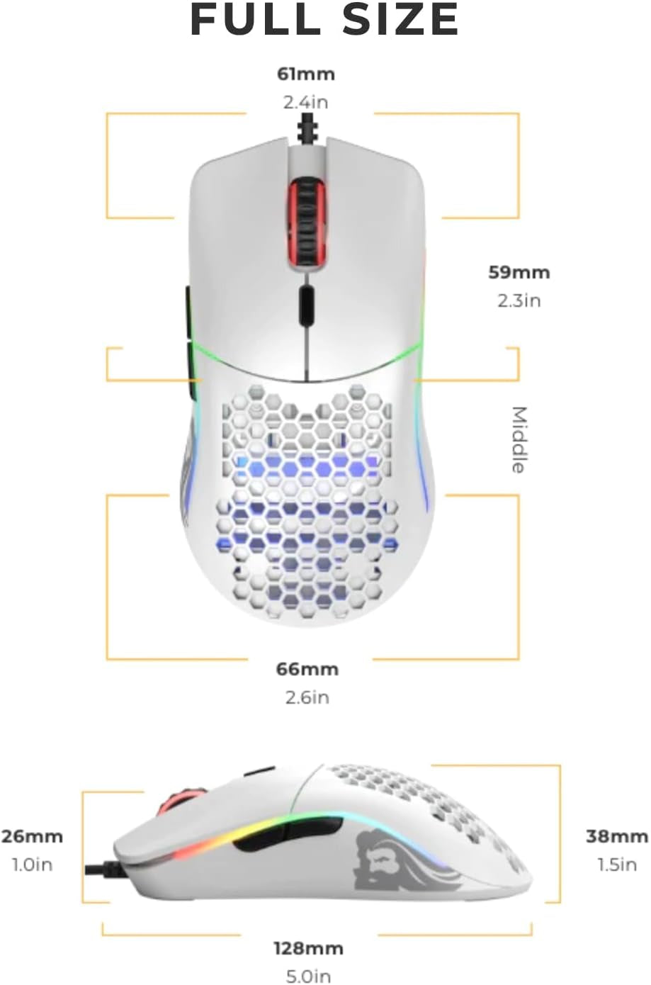 Model O Superlight Wired Gaming Mouse - 67G Honeycomb Design, RGB Lighting, Pixart 3360 Sensor, Omron Switches, Ambidextrous - Matte White