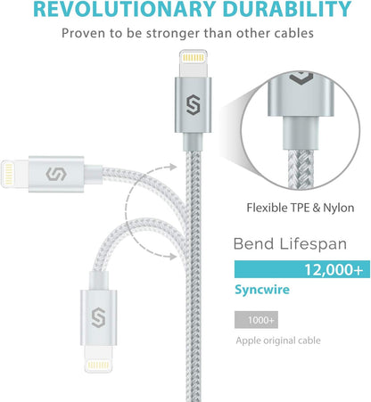 High-Speed Apple MFI Certified 6Ft Nylon-Braided Lightning Charger Cable - Compatible with iPhone 11, Xs Max, Xs, Xr, 8, 7, 6S, 6 Plus, SE, 5S, 5C, iPad, iPod & More - Silver