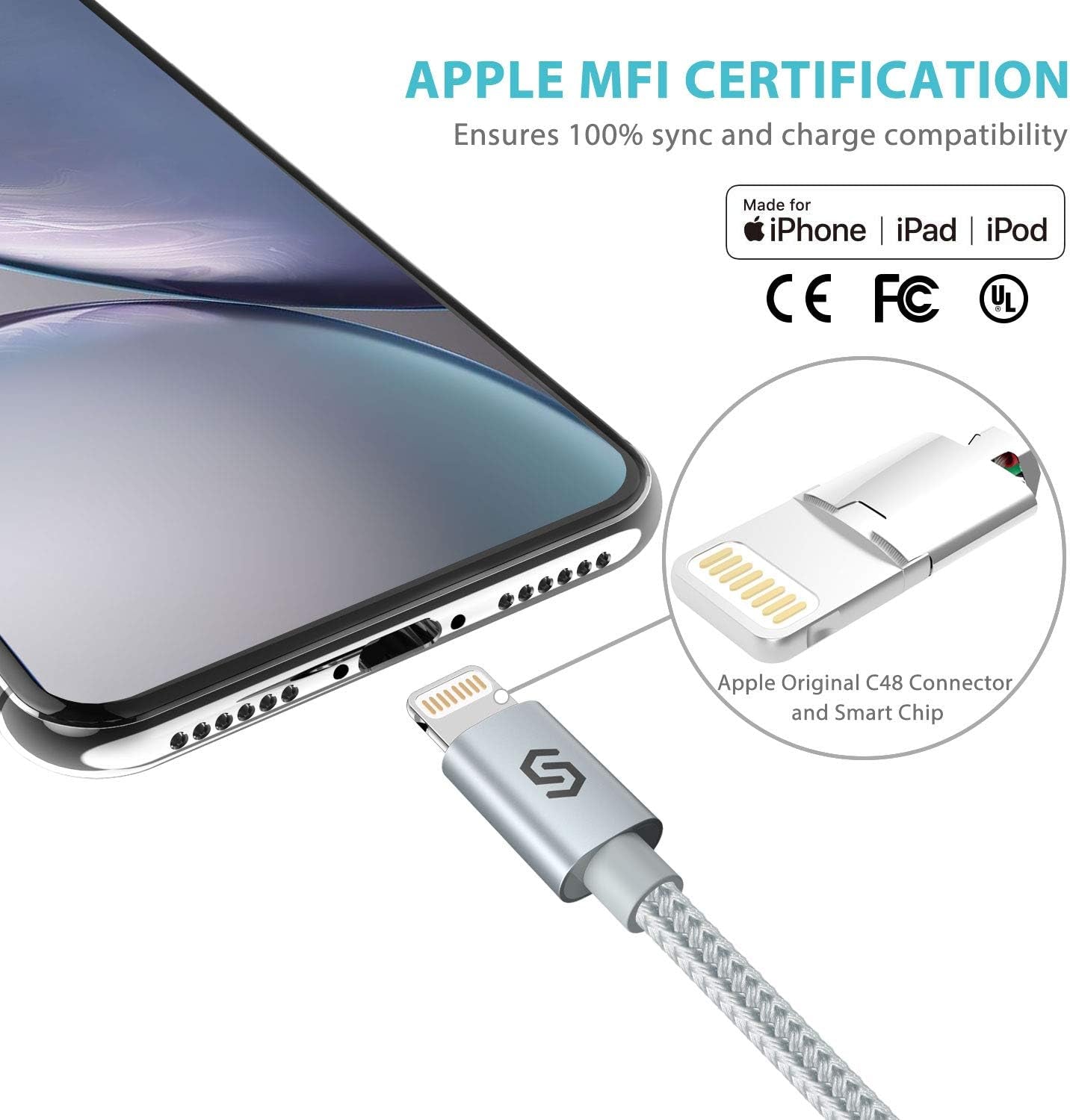 High-Speed Apple MFI Certified 6Ft Nylon-Braided Lightning Charger Cable - Compatible with iPhone 11, Xs Max, Xs, Xr, 8, 7, 6S, 6 Plus, SE, 5S, 5C, iPad, iPod & More - Silver