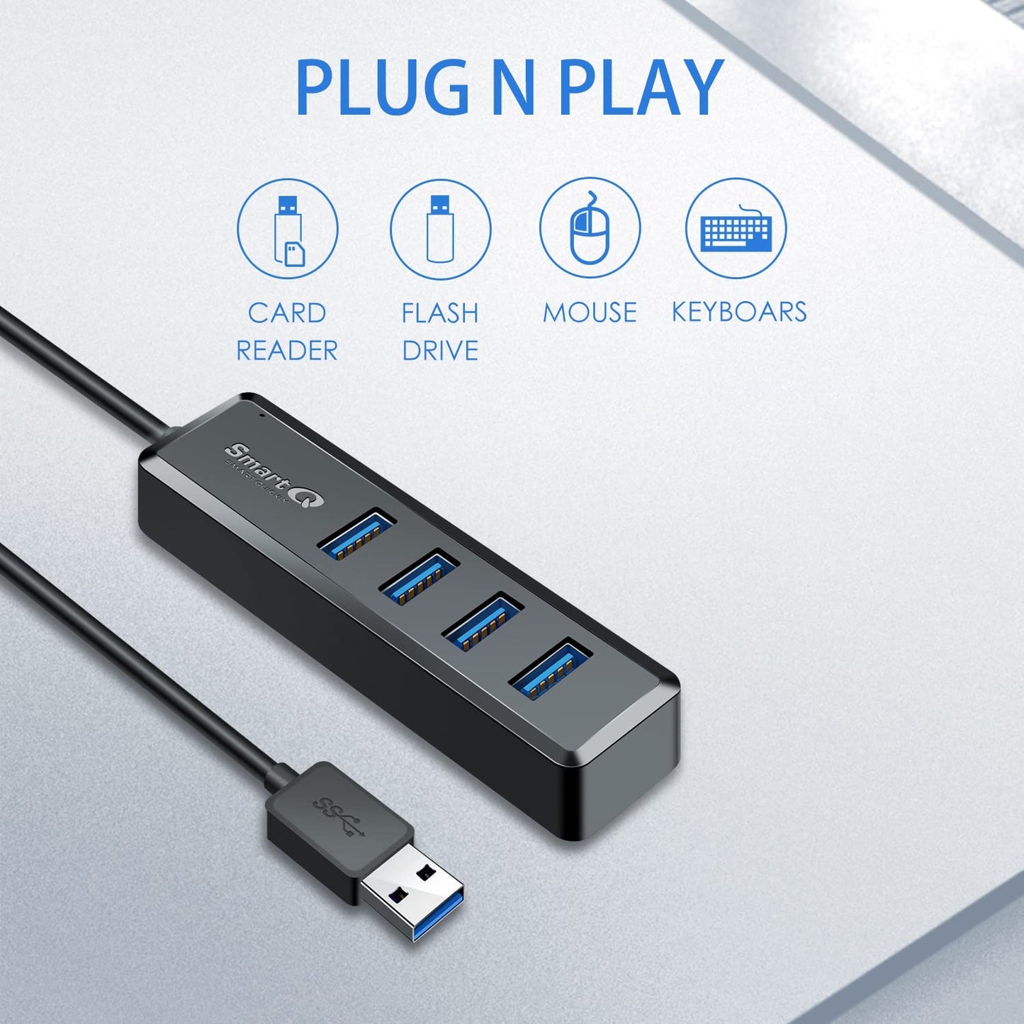 H302S USB 3.0 Hub - 2Ft Cable, Fast Data Transfer Multi-Port Expander for Laptop, Compatible with Windows PC, Mac, Printer, Mobile HDD