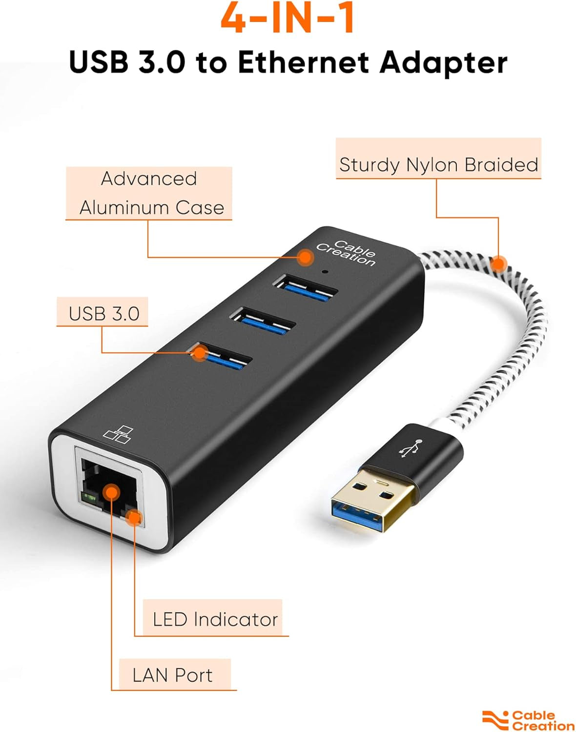 High-Speed USB to Ethernet Adapter with 3-Port USB 3.0 Hub - Gigabit RJ45 Connector for PC, Laptop, Macbook Pro & USB Devices - Sleek Aluminum Design