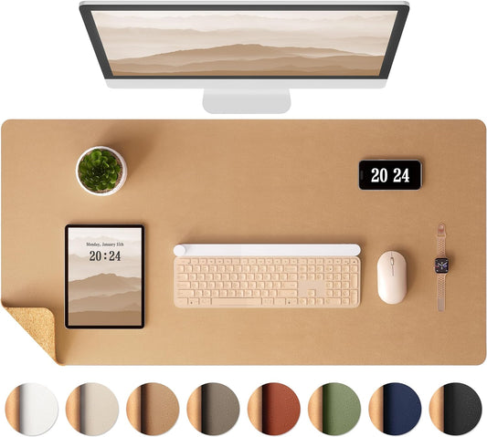 Premium Dual-Sided Leather & Cork Desk Pad - Large Waterproof Desk Mat, Stylish Writing & Mouse Pad (25.6" x 13.7") for Office & Home - Apricot Color