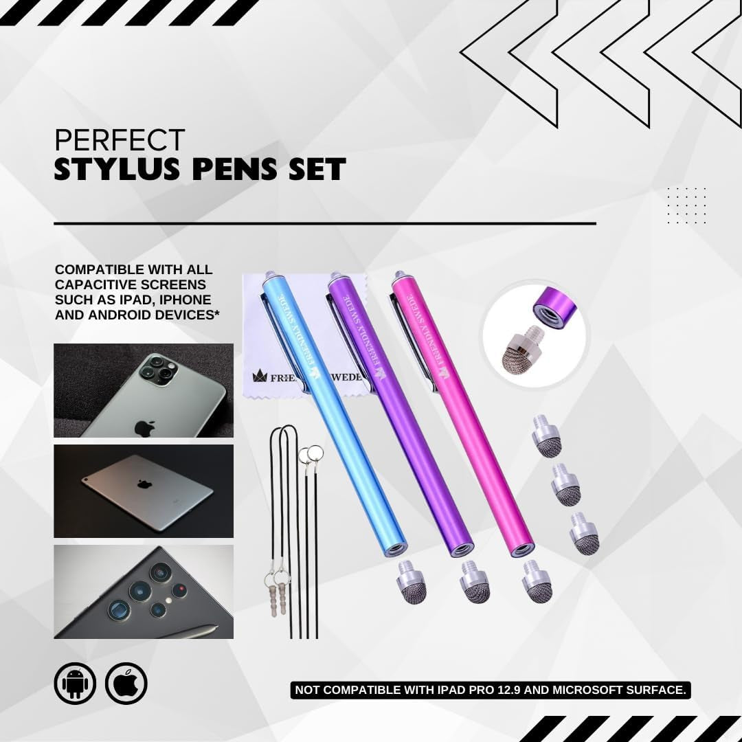 3-Pack Micro-Knit Mesh Tip Stylus Pens for iPad & iPhone - Replaceable Fiber Tip for Smooth Touch Screen Navigation