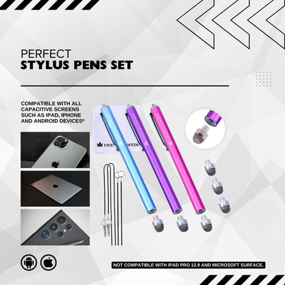 3-Pack Micro-Knit Mesh Tip Stylus Pens for iPad & iPhone - Replaceable Fiber Tip for Smooth Touch Screen Navigation