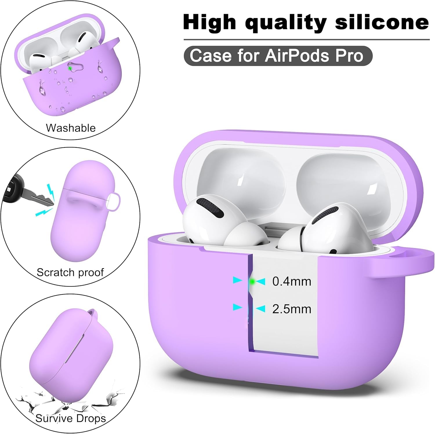 Lavender Silicone Protective Case for AirPods Pro 1st & 2nd Gen with Cleaner Kit and Keychain - Stylish Accessory for Men and Women