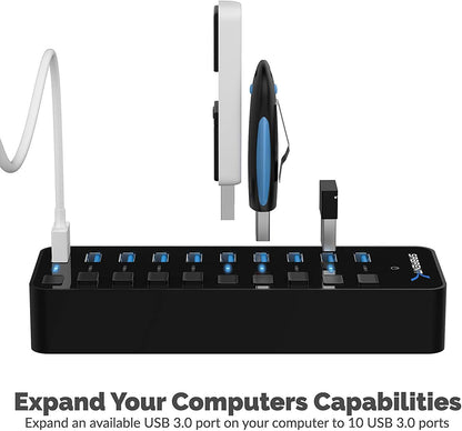 10-Port USB 3.0 Hub with Individual Power Switches & LEDs - 60W Power Adapter Included