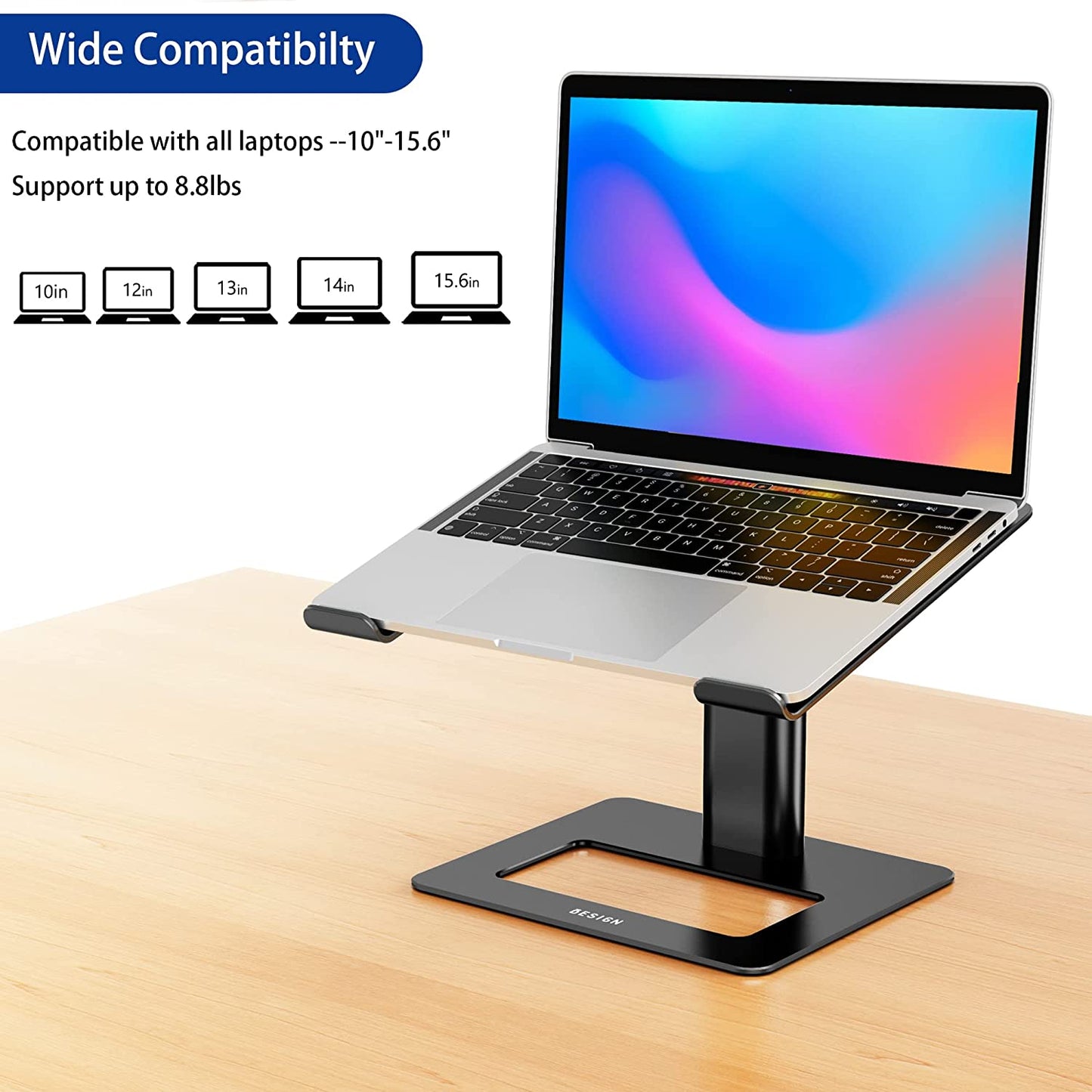 Ergonomic Adjustable Aluminum Laptop Stand - Universal Riser for 10-15.6" Laptops (Black)