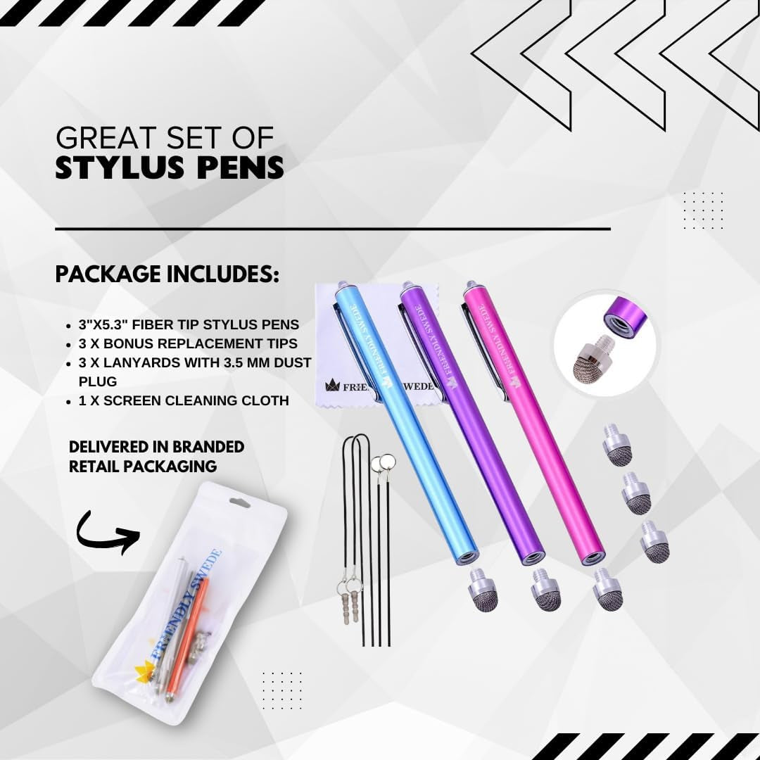3-Pack Micro-Knit Mesh Tip Stylus Pens for iPad & iPhone - Replaceable Fiber Tip for Smooth Touch Screen Navigation