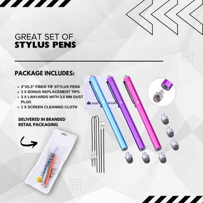 3-Pack Micro-Knit Mesh Tip Stylus Pens for iPad & iPhone - Replaceable Fiber Tip for Smooth Touch Screen Navigation