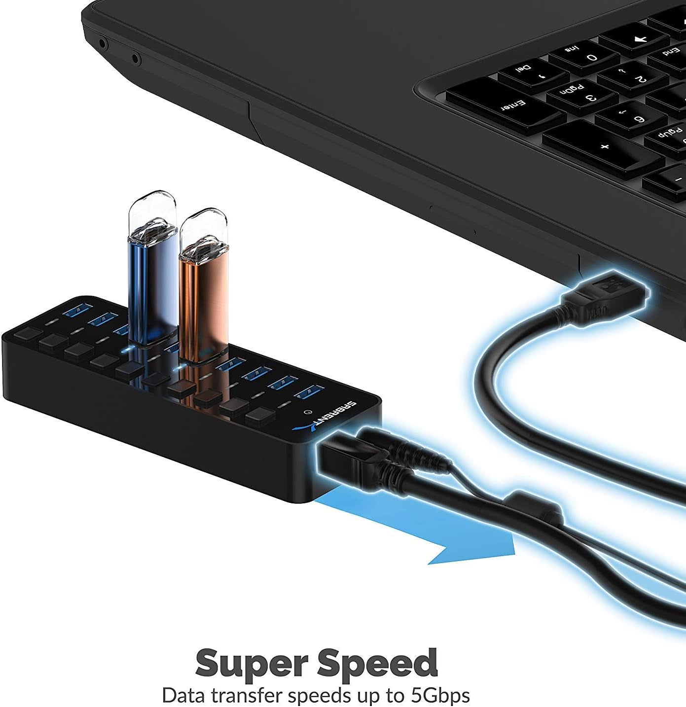 10-Port USB 3.0 Hub with Individual Power Switches & LEDs - 60W Power Adapter Included