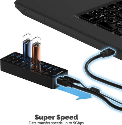 10-Port USB 3.0 Hub with Individual Power Switches & LEDs - 60W Power Adapter Included