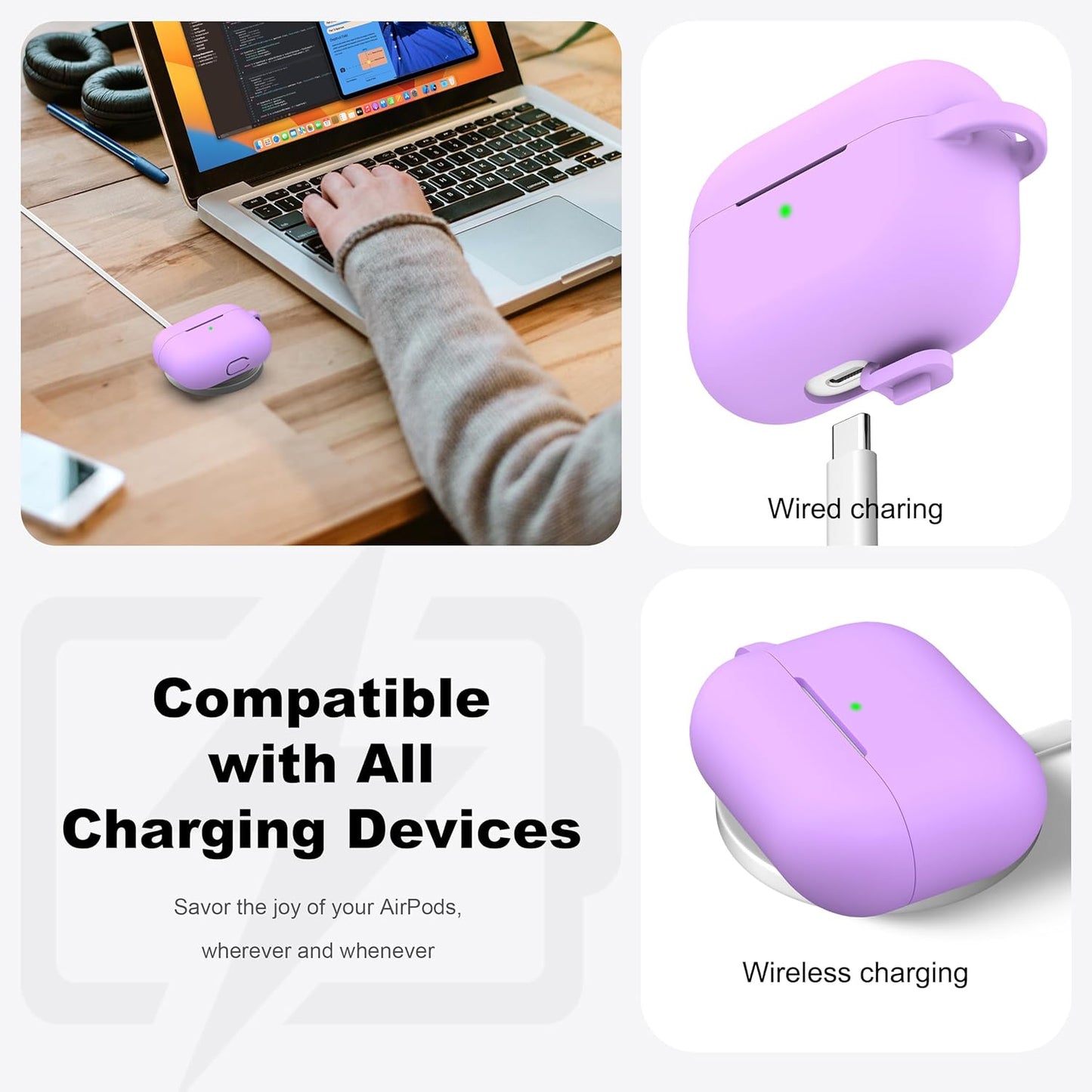 Lavender Silicone Protective Case for AirPods Pro 1st & 2nd Gen with Cleaner Kit and Keychain - Stylish Accessory for Men and Women