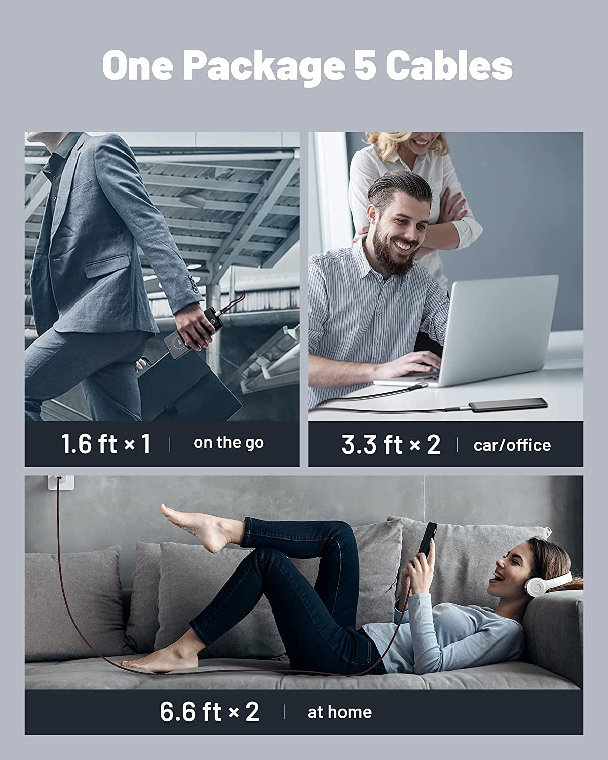 5-Pack USB Type C Cables - Fast Charging 3.1A QC3.0 - Durable Nylon, 1.6ft to 6.6ft, Compatible with Samsung Galaxy S20/S10/S9/S8, Note 10/9, LG, Google Pixel and More