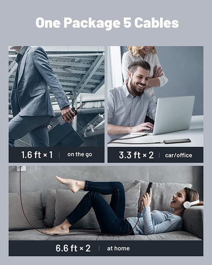 5-Pack USB Type C Cables - Fast Charging 3.1A QC3.0 - Durable Nylon, 1.6ft to 6.6ft, Compatible with Samsung Galaxy S20/S10/S9/S8, Note 10/9, LG, Google Pixel and More