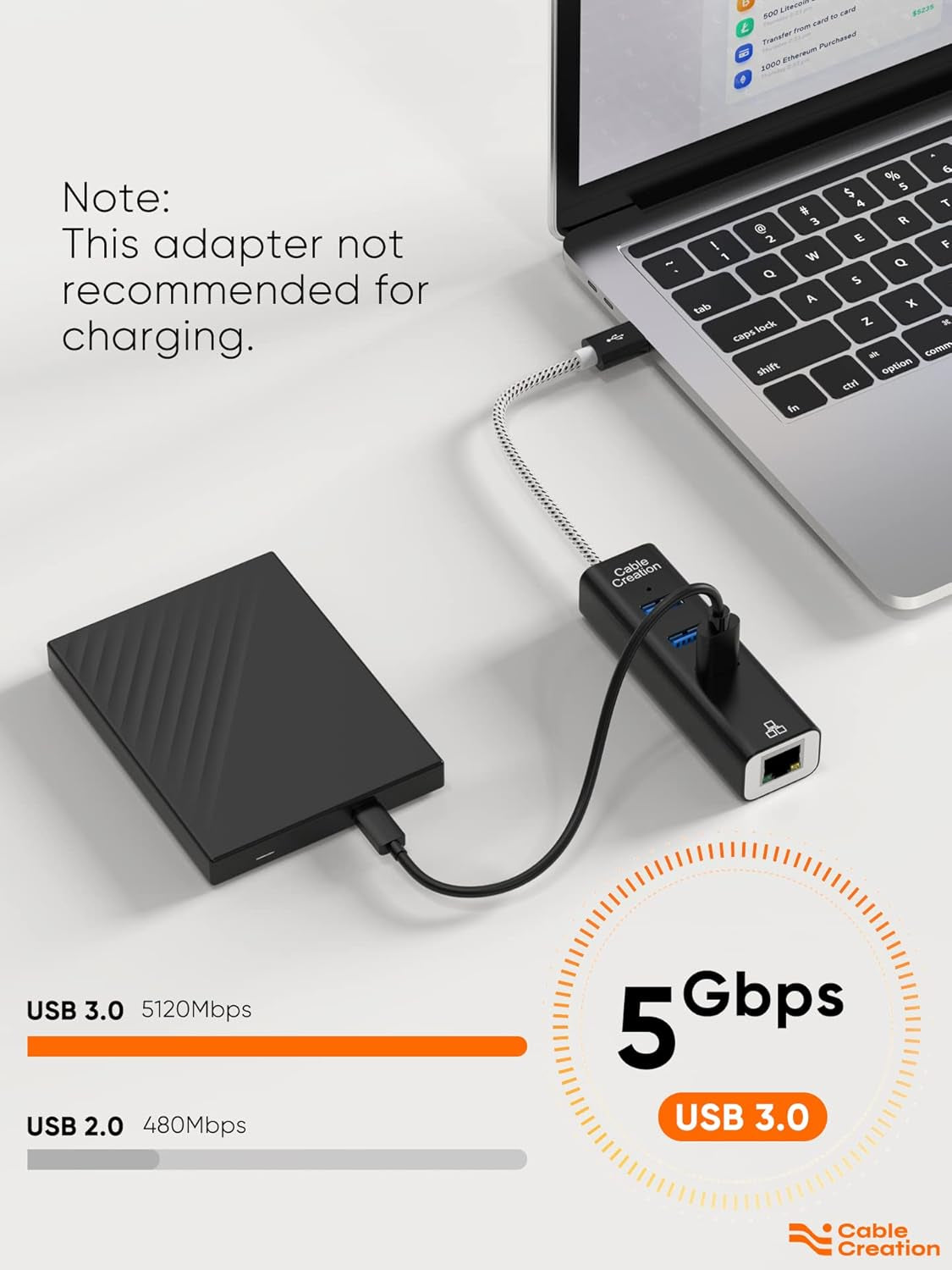 High-Speed USB to Ethernet Adapter with 3-Port USB 3.0 Hub - Gigabit RJ45 Connector for PC, Laptop, Macbook Pro & USB Devices - Sleek Aluminum Design