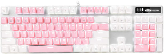 Upgrade Your Gaming Setup with the Stylish White & Pink Mechanical Gaming Keyboard - New Blue Switch Design, 104 Keys, USB Wired, Perfect for Laptops and Desktops!