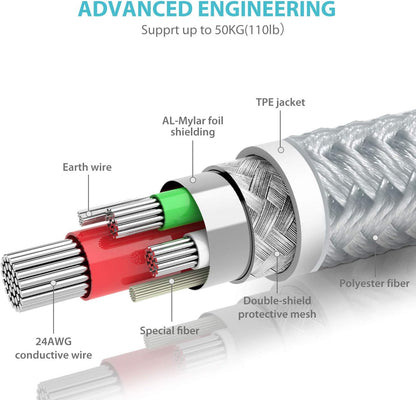 High-Speed Apple MFI Certified 6Ft Nylon-Braided Lightning Charger Cable - Compatible with iPhone 11, Xs Max, Xs, Xr, 8, 7, 6S, 6 Plus, SE, 5S, 5C, iPad, iPod & More - Silver